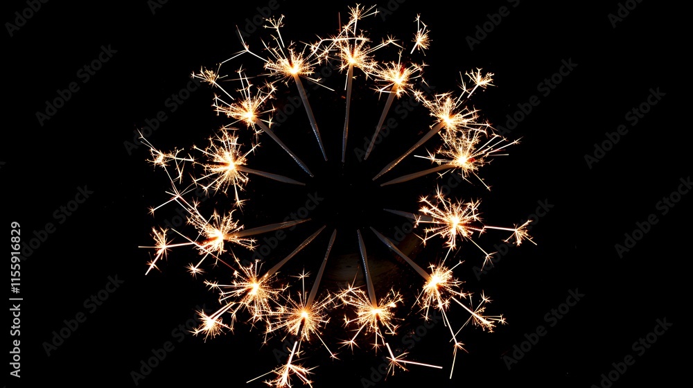 Poster multiple sparklers arranged in a circular pattern, all lit and sparkling together.