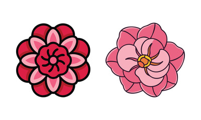 Pink and red camellia flower illustrations, Two camellia flower illustrations featuring vibrant pink and red layered petals with intricate designs, showcasing bold and elegant floral artwork.
