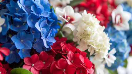 Close up of tricolor hydrangea flower arrangement. White, red, and blue floral composition for 4th of July and American federal holidays celebration