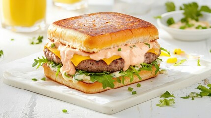 Delicious meat patty with creamy mayo and fresh greens bright kitchen setting gourmet food
