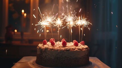 Multiple sparklers placed in a cake, all lit and sparkling brightly.