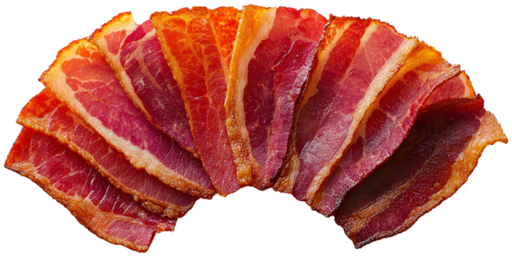  Thinly sliced cured meat with rich marbled textures arranged in semi-circle. Deep red tones suggest savory flavor perfect for charcuterie boards or gourmet dishes.