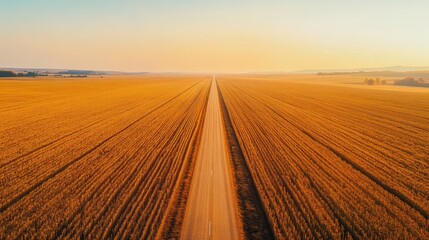 Obraz premium Aerial view of endless golden crop field with rural road at sunset