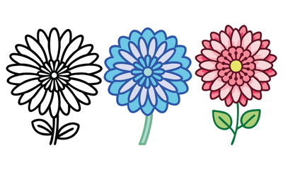 Floral illustrations in black, blue, and pink, A trio of floral designs featuring a black outline, a blue-toned flower, and a pink flower with green leaves, showcasing intricate petal patterns.
