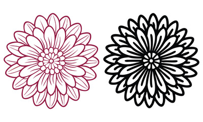 Detailed floral mandala-style illustrations, Two intricate flower illustrations with layered, symmetrical petal designs, one in red outline and the other in bold black, perfect for decoration.
