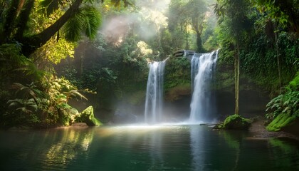 Fototapeta premium Misty Jungle Waterfall Cascading into a Crystal-Clear Pool at Dawn