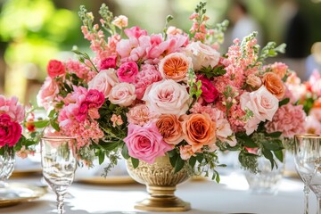 Elegant floral arrangement featuring pink and peach roses in a vintage vase on a dining table