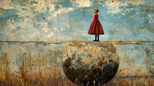 Solitude: A Girl in a Red Dress on a Stone