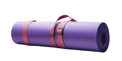  Rolled-up purple yoga mat secured with brown adjustable straps. Portable and durable design ideal for yoga sessions, pilates, or fitness workouts at home or on the go.