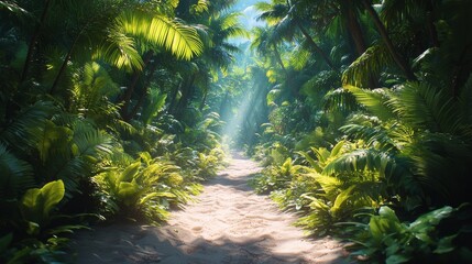Lush tropical pathway amidst vibrant foliage in a sunlit forest