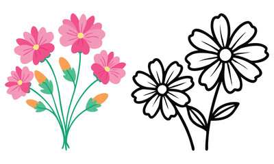Colorful and outline cosmos flower illustrations, Two cosmos flower designs: a vibrant bouquet in pink and orange with green stems, and a black-and-white outline version for versatility.  © PixelArtBox