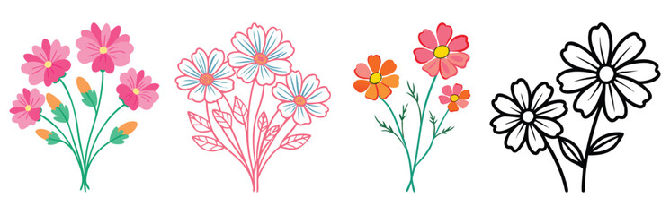 Colorful and outline cosmos flower bouquets, A collection of cosmos flower illustrations in vibrant pink, orange, and pastel tones, paired with a black-and-white outline bouquet design.  © PixelArtBox