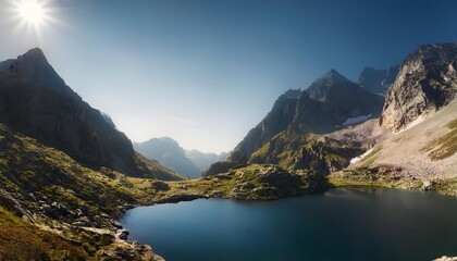 Rocky Mountain Pass with a Crystal-Clear Lake and Alpine Vegetation
