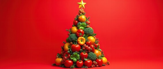 Christmas tree made of fresh vegetables and fruits on red background.