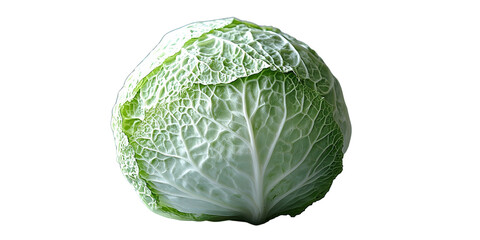 Fototapeta premium Fresh green cabbage with intricate veined leaves on white background. Vibrant and natural texture makes it ideal for culinary concepts, health themes, or food photography.
