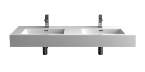  Dual modern white sinks with silver faucets in minimalist design. Perfect addition for contemporary bathrooms, emphasizing clean lines and functional elegance.