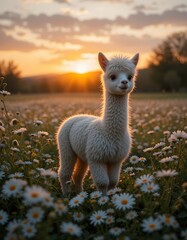 Fototapeta premium White Alpaca Standing in a Daisy Field at Sunset