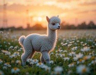 Fototapeta premium White Alpaca Baby In Sunset Daisy Field