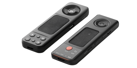  Two sleek remote controls with black finish, button layout, and built-in speakers. Compact gadgets for smart device operation, ideal for tech enthusiasts or home automation.