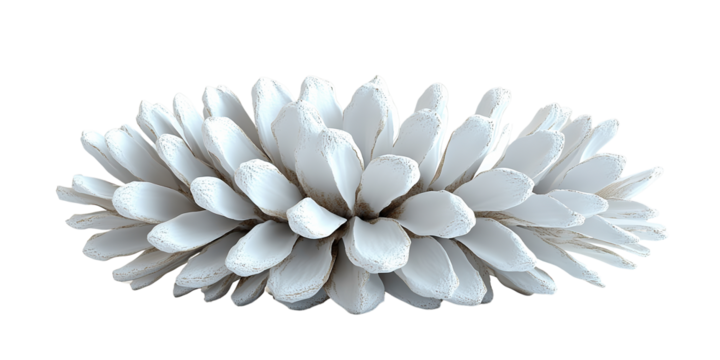  White petaled flower with intricate overlapping design on white background. Elegant and minimal floral arrangement, highlighting symmetry and purity in nature.