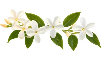 Obraz premium White Jasmine Flowers Branch Green Leaves Isolated
