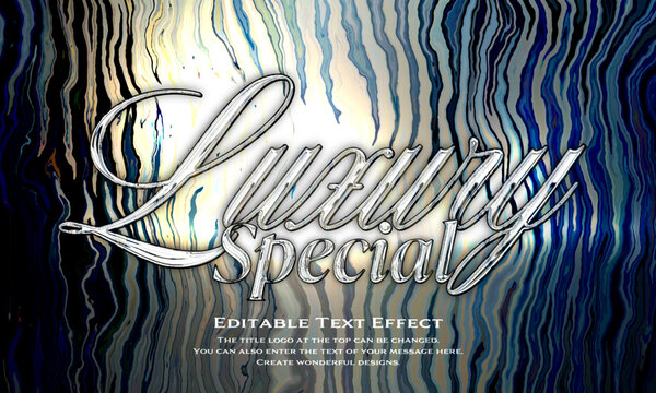 &rdquo;Luxury King&rdquo; chrome metallic editable title logo text style effect, with seamless and silver blue antique glass holographic background. cursive script, script, handwritten,handwriting typeface
