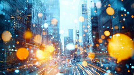 Fototapeta premium City Lights and Traffic Streaks in Urban Skyline - Abstract Cityscape with Bokeh Effect