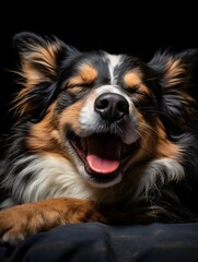 Fototapeta premium A tired dog lies on a white background, yawning widely. The scene conveys calm and serenity. 