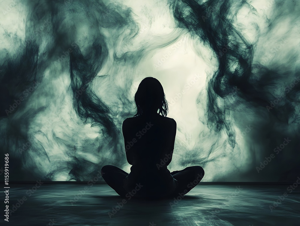 Aufkleber silhouette of a contemplative figure sitting on the floor surrounded by ethereal swirls of smoke aga
