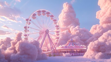 Pink Ferris Wheel And Carousel In A Cloudy Sky