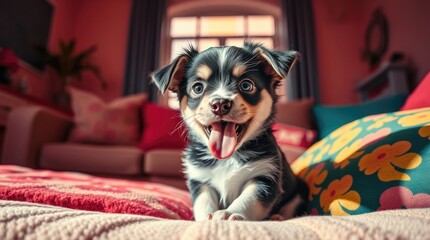 A tiny puppy sits happily on a colorful blanket, surrounded by plush cushions. With an excited expression, the puppy radiates joy and energy in a cozy indoor space