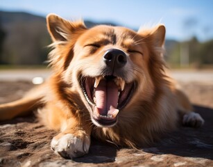 A tired dog lies on a white background, yawning widely. The scene conveys calm and serenity.
