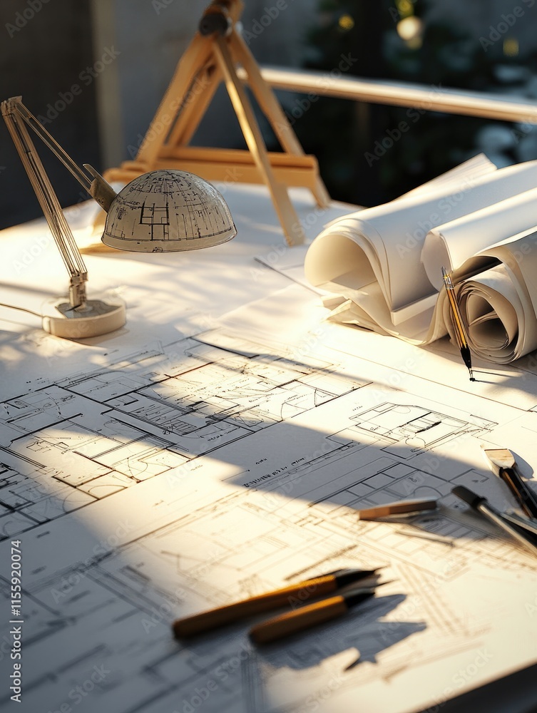 Poster architectural blueprints and tools on a workspace, illuminated by natural light.