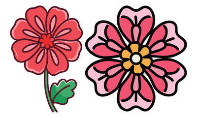 Bright floral illustrations of two flowers, Vivid and colorful illustrations of two stylized flowers with intricate petal designs, showcasing decorative and artistic floral elements.

