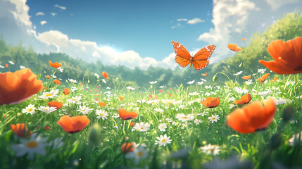 Obraz premium Summer Meadow Dream: Vivid orange butterflies dance above a vibrant field of poppies and daisies, bathed in the warm glow of a sunny day. A picturesque scene of serenity and natural beauty.