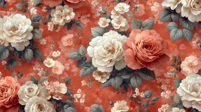 Vintage floral pattern with roses and small flowers on a coral background. - Powered by Adobe