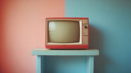 Vintage television on a small shelf in a room with a split color wall.