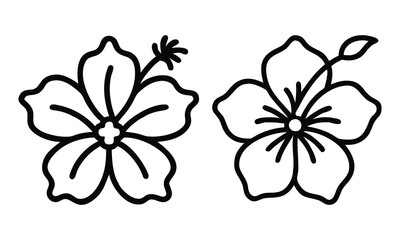 Outline drawings of hibiscus flowers, Simple black-and-white line art of two hibiscus flowers, showcasing floral designs with clean, minimalist outlines.

