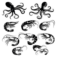 
shrimp and octopus icon set