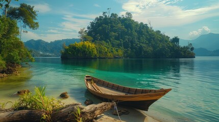 Obraz premium Serene Tropical Lagoon with Wooden Boat
