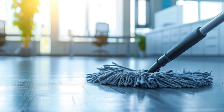 close-up, blue mop, cleaning company, clean tiled floor, floor cleaning in industrial premises, office on a blurred background, horizontal banner, poster, copy space, free space for text