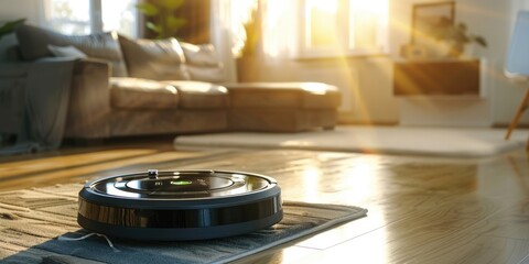 stylish powerful modern wireless robot vacuum cleaner, bright living room on the background, automated cleaning, help for housewives, horizontal banner, poster, copy space, free space for text