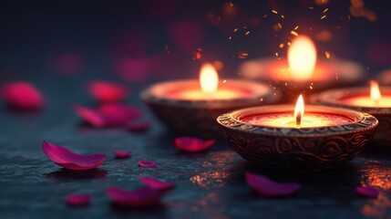 Tranquil Scene with Floating Candles and Petals in Dim Light