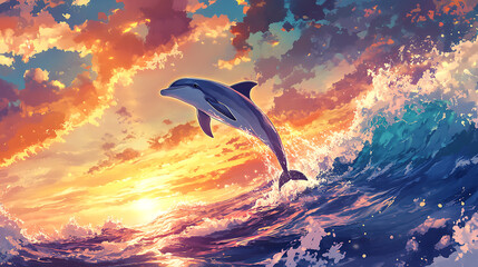 Fototapeta premium Dolphin Leap into Sunset: A majestic dolphin leaps into a vibrant sunset, its silhouette silhouetted against the fiery sky. The ocean waves crash beneath, creating a powerful and awe-inspiring scene.