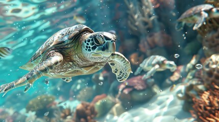 Obraz premium Majestic Sea Turtle Gracefully Swimming in a Vibrant Coral Reef