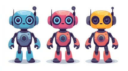 Three Friendly Robots Stand Together In A Row