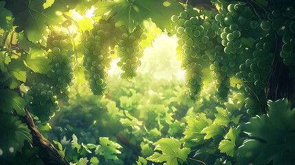 Sunlight Through Grape Vines: A close-up view of a grapevine canopy, bathed in warm, golden sunlight. The lush green leaves and plump clusters of grapes create a scene of abundance and tranquility.