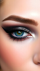 beautiful smokey eye with glitter makeup , closeup of eye makeup , beauty salon card, brochure, concept , eyeliner , kajal, dramatic, with white tones