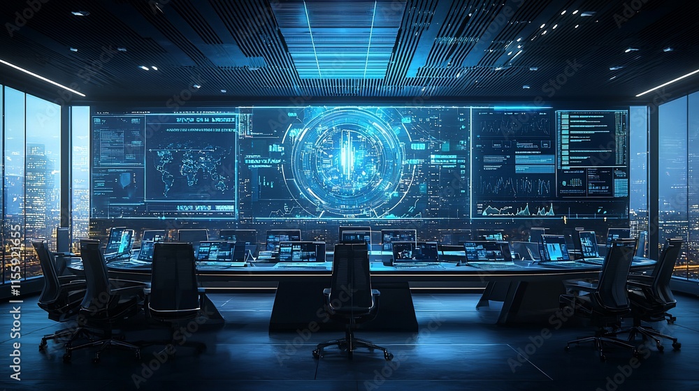 Aufkleber Futuristic control room with large screen displaying data and city view.
