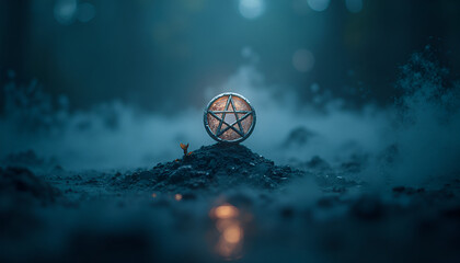 Mystical pentagram symbol on a mound in a foggy atmosphere showcasing enchanting light effects